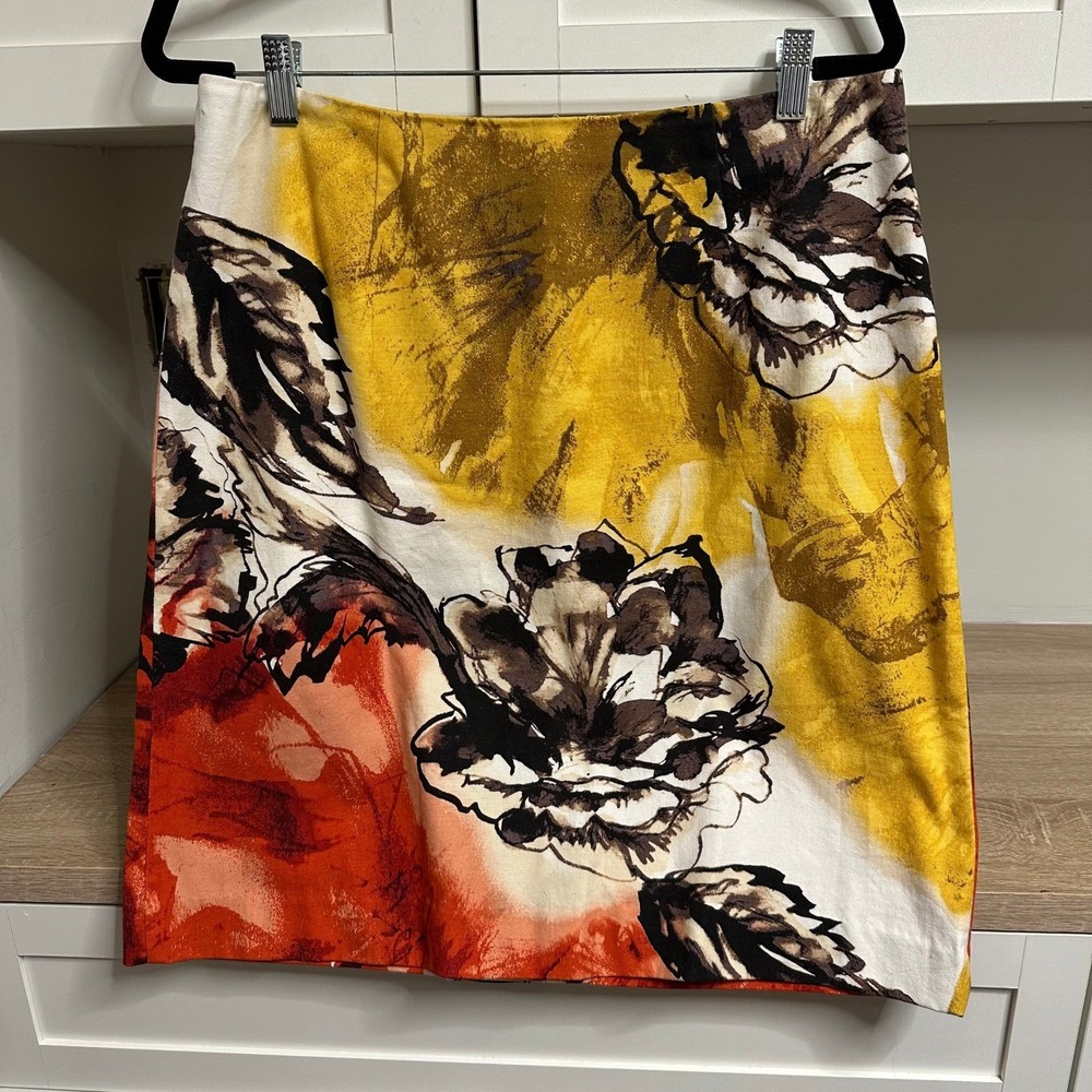 Nic + Zoe Botanical Pencil Skirt Women's 10‎ Yellow Floral Cotton Stretch Zipper